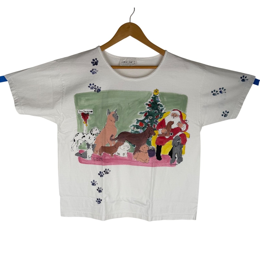 Vintage Diane Wat Hand Painted Christmas Dogs Santa T-Shirt White One Size